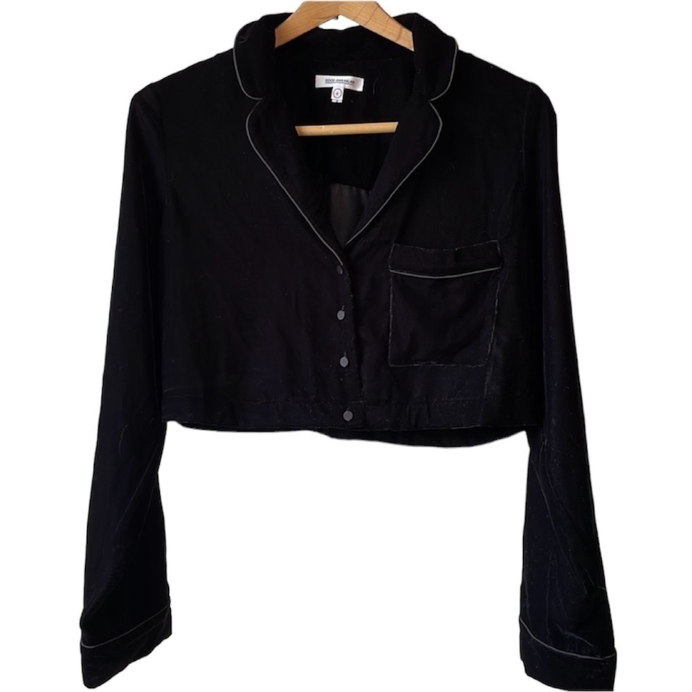 NWT Good American Velvet Sleep Black Cropped Button Down Top Size 2